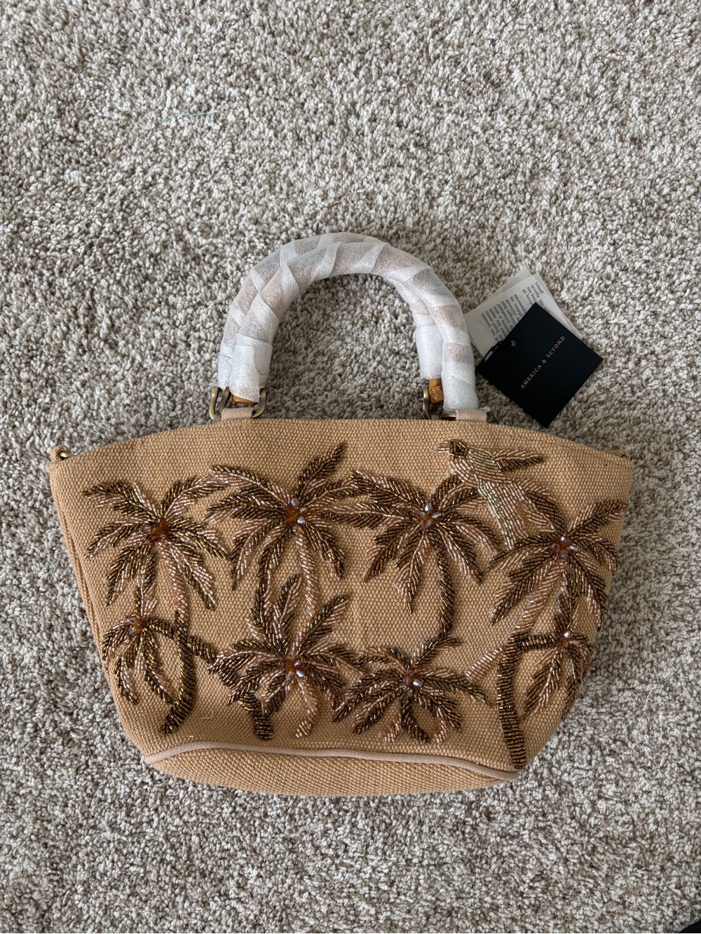 Embroidered Palm Straw Tote Bag - Beige